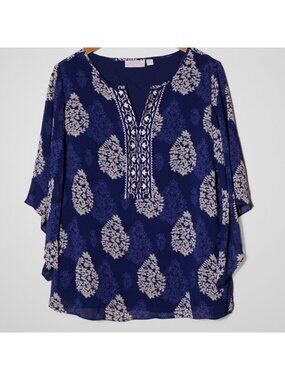 Belle by Kim Gravel Relaxed Flowy Kimono Sleeve Top Boho Blue Cream Size S